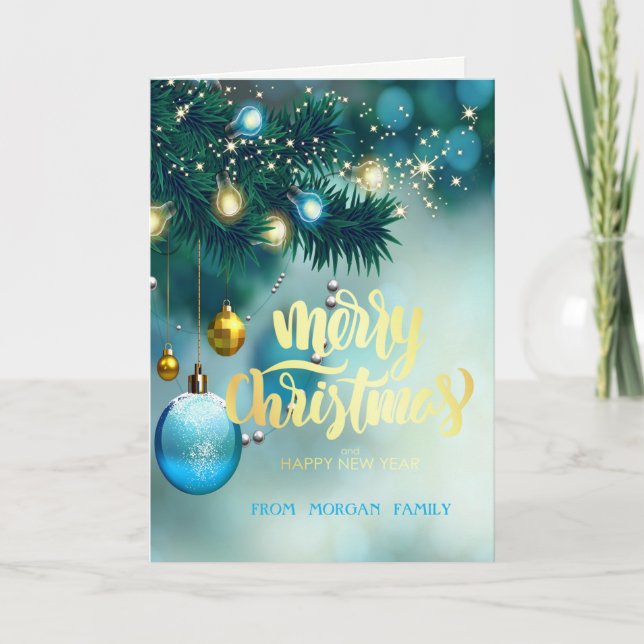 Cartão De Festividades Árvore de Natal Elegante,Bolas,Estrelas (Frente)