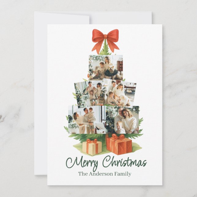 Cartão De Festividades Árvore de Natal Elegante com Arco Vermelho e Prese (Frente)