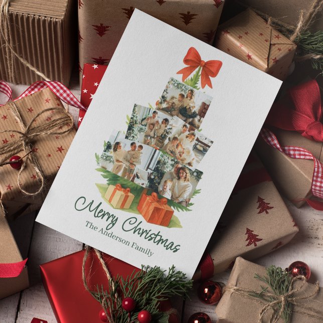 Cartão De Festividades Árvore de Natal Elegante com Arco Vermelho e Prese (Criador carregado)