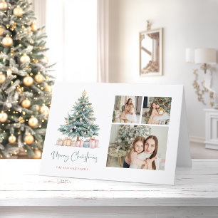 Cartão De Festividades Árvore de Natal em Aquarela Caligrafia Três Fotos