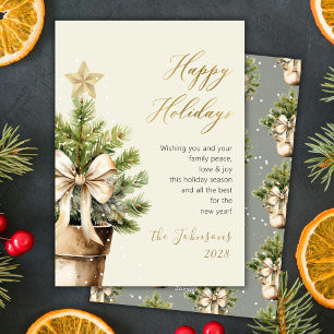 Cartão De Festividades Árvore de Natal em Aquarela com Laço Dourado Moder