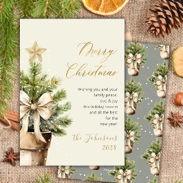 Cartão De Festividades Árvore de Natal em Aquarela com Laço em Dourado Mo