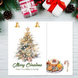 Cartão De Festividades Árvore de Natal em aquarela com sininhos,