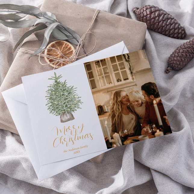Cartão De Festividades Árvore de Natal em Aquarela Dourada Foto Feliz Nat (Criador carregado)