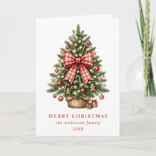Cartão De Festividades Árvore de Natal em Aquarela Elegante com Laço de G