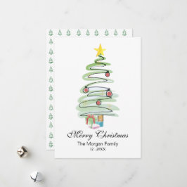 Cartão De Festividades Árvore de Natal em Aquarela Mínima Não-Fotográfica