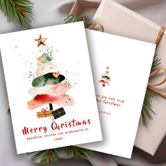 Cartão De Festividades Árvore de Natal em Aquarela Moderna Família Férias