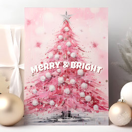 Cartão De Festividades Árvore de Natal em Aquarela Rosa Alegre e Brilhant