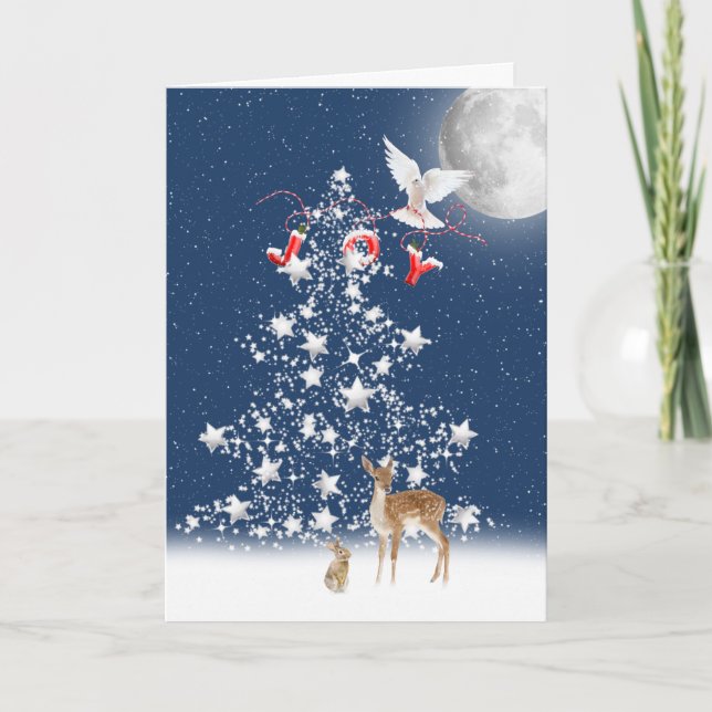 Cartão De Festividades Árvore de Natal em estrela com JOY e pomba (Frente)
