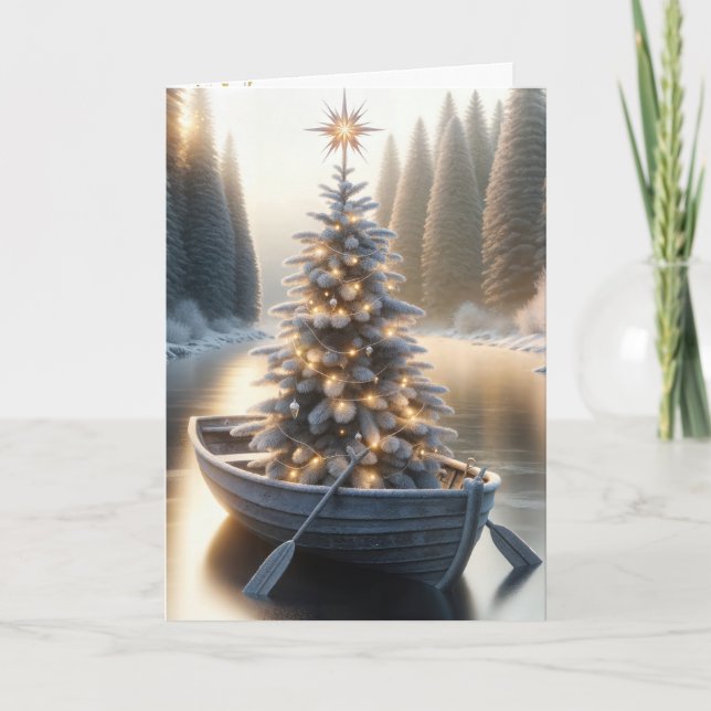 Cartão De Festividades Árvore De Natal Em Velha Rowboat (Frente)