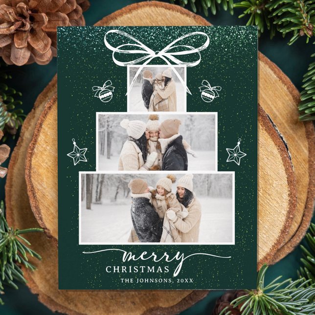 Cartão De Festividades Árvore de Natal Família 3 Colagem de Fotos Férias (Criador carregado)