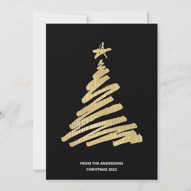 Cartão De Festividades Árvore de Natal Faux Gold Foil e Preto (Frente)