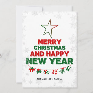 Cartão De Festividades Árvore de Natal, Feliz ano novo, palavras, estrela