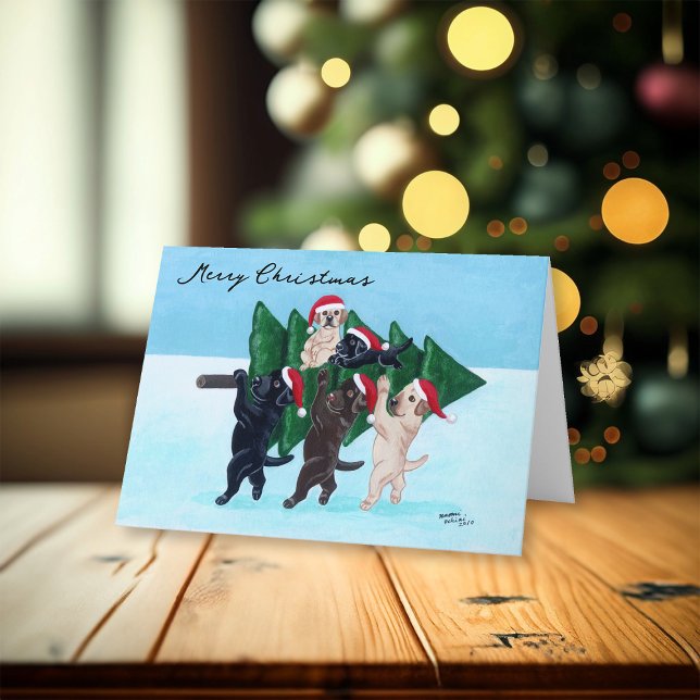 Cartão De Festividades Árvore de Natal Labradores no Snowfield (Christmas Tree Labradors in the Snowfield Design Christmas Cards for Labrador Owners.)