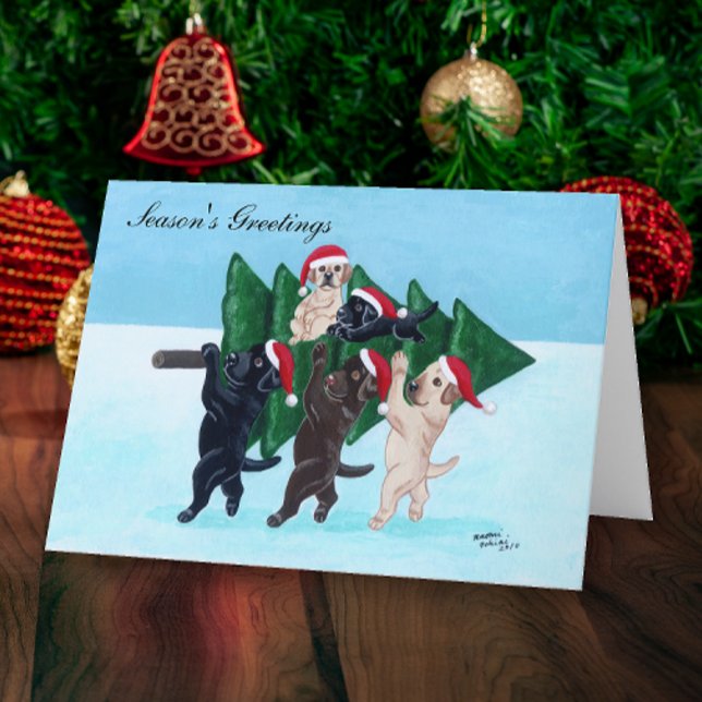 Cartão De Festividades Árvore de Natal Labradores no Snowfield (Christmas Tree Labradors in the Snowfield Design Holiday Cards for Labrador Owners.  )