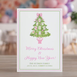 Cartão De Festividades Árvore de Natal Mahjong Rosa Aquarela