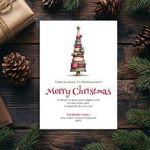 Cartão De Festividades Árvore de Natal Minimalista Aquarela Divertida e F