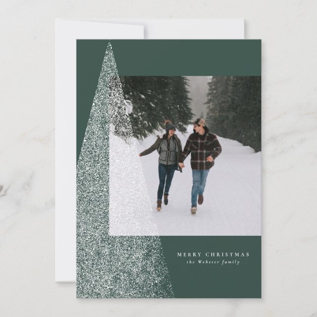 Cartão De Festividades Árvore de Natal moderno, uma foto verde (Frente)