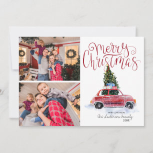 Cartão De Festividades Árvore de Natal no Carro Vermelho Vintage Colage