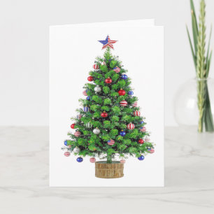 Cartão De Festividades Árvore de Natal Patriótica vermelha branca azul or