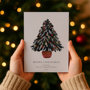 Cartão De Festividades Árvore de Natal Pintada à Mão Saudação Familiar
