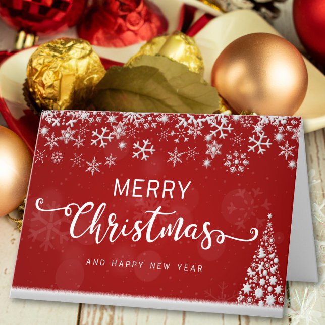 Cartão De Festividades Árvore de Natal Red Elegant Snowflakes (Criador carregado)