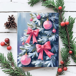 Cartão De Festividades Árvore de Natal Rosa Arcos Enfeites Aquarela