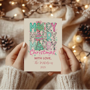 Cartão De Festividades Árvore de Natal Rosa Feliz Feliz