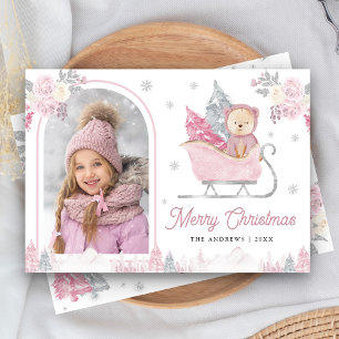 Cartão De Festividades Árvore de Natal Rosa Urso Fofo Arco Foto