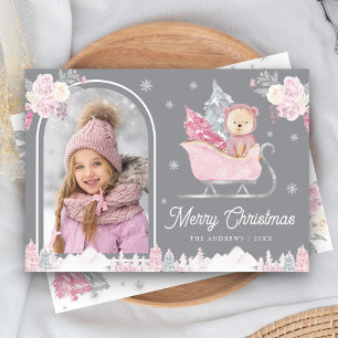 Cartão De Festividades Árvore de Natal Rosa Urso Fofo Arco Foto Cinza
