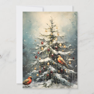 Cartão De Festividades Árvore de Natal Rústica de Inverno Pássaros Vermel