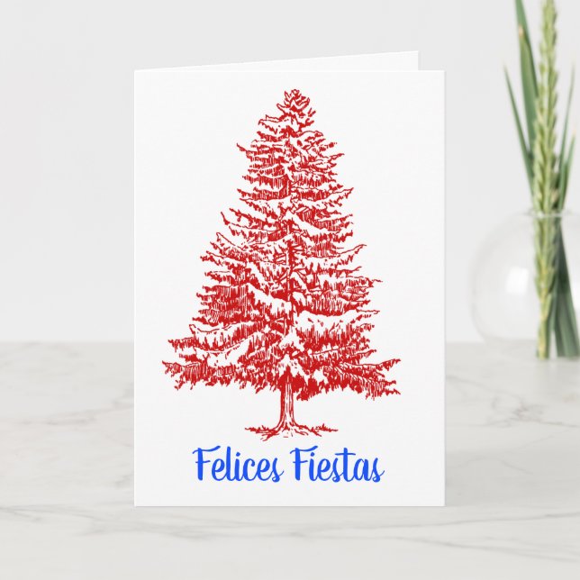 Cartão De Festividades Árvore de Natal Vermelho Espanhol de Felizes Fiest (Frente)