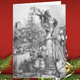 Cartão De Festividades Árvore de Natal Vitoriana Família Antiga Festa