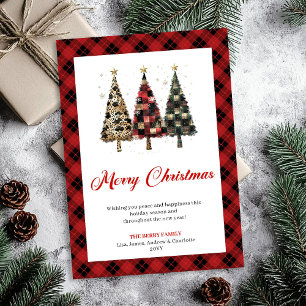 Cartão De Festividades Árvore de Natal Xadrez Vermelho na Moda com Estamp