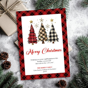 Cartão De Festividades Árvore de Natal Xmas Minimalista Xadrez Vermelho F