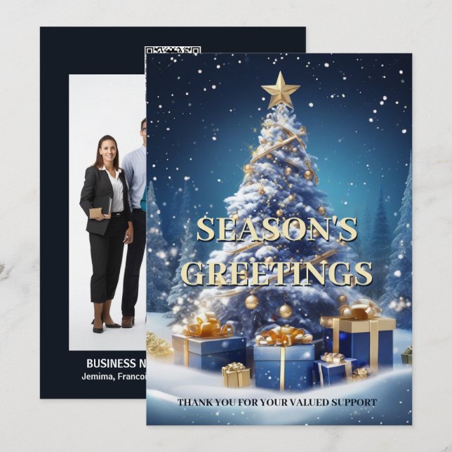 Cartão De Festividades Árvore de neve de Natal azul branco comercial Foto (Frente/Verso)