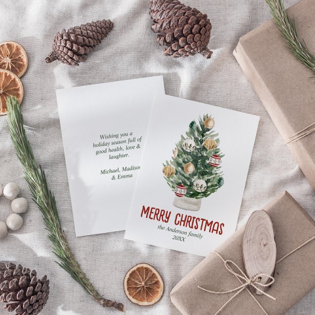 Cartão De Festividades Árvore de ornamentos verdes em aquarela Feliz Nata (Criador carregado)