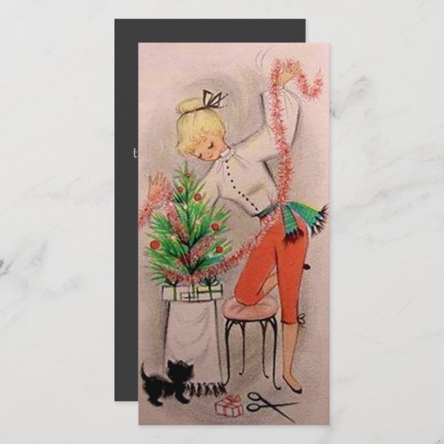 Cartão De Festividades Árvore de Triagem da Rapariga de Natal Retroativa  (Frente/Verso)