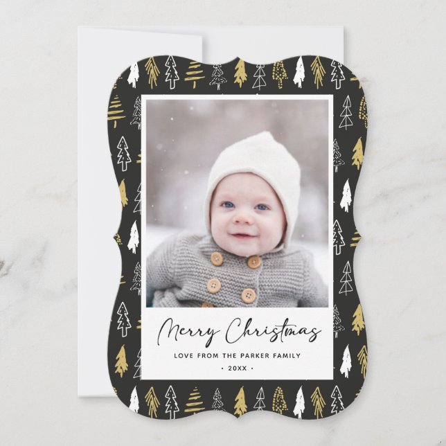 Cartão De Festividades Árvore Dourada de pinheiro da Floresta Branca Mode (Frente)