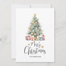 Cartão De Festividades Árvore e apresentações de natal Elegante Watercolo