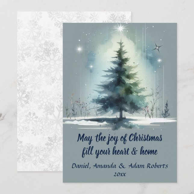 Cartão De Festividades Árvore em estilo de aquarela contra um fundo azul  (Frente/Verso)