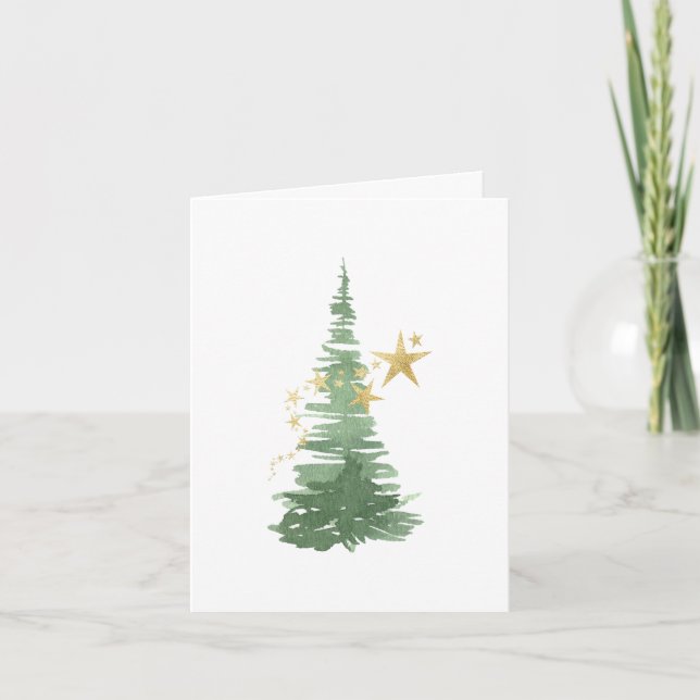 Cartão De Festividades Árvore Evergreen Abstrato de Aquarela com Estrelas (Frente)