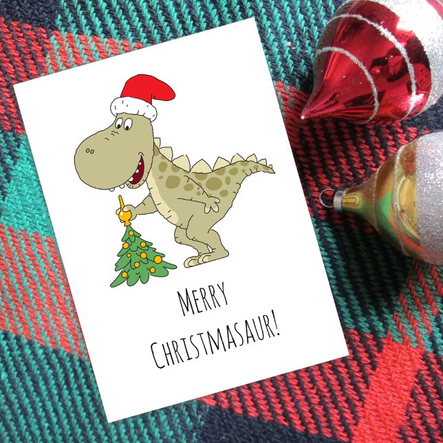 Cartão De Festividades Árvore Feliz de Natal Dinossauro Santa Hat (Criador carregado)