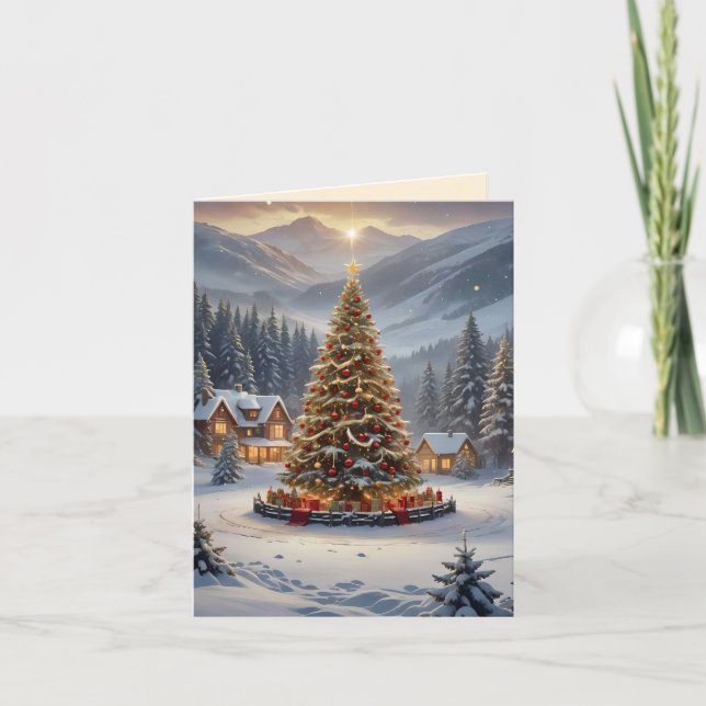 Cartão De Festividades Árvore festiva de Natal numa aldeia de montanha (Frente)