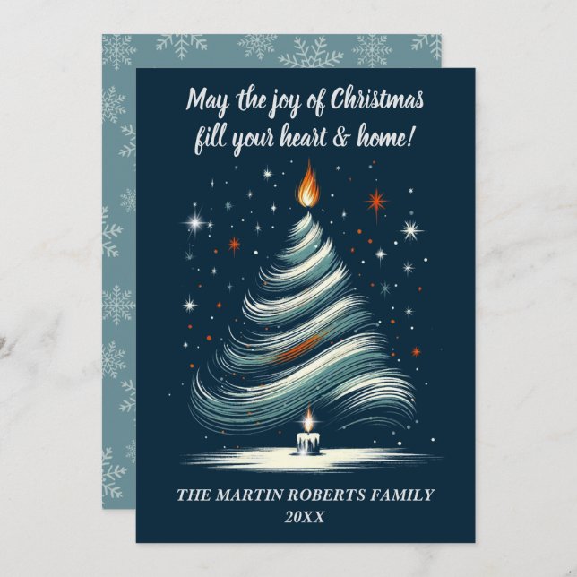 Cartão De Festividades Árvore moderna em azul e Cinza com Vela (Frente/Verso)