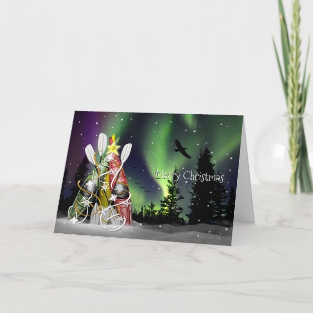 Cartão De Festividades Árvore natalina de Kayak Aurora Borealis (Frente)