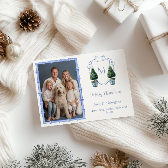 Cartão De Festividades Árvore Topiária de Chinoiserie Monograma Foto (Chinoiserie Topiary Tree Holiday Photo Card)