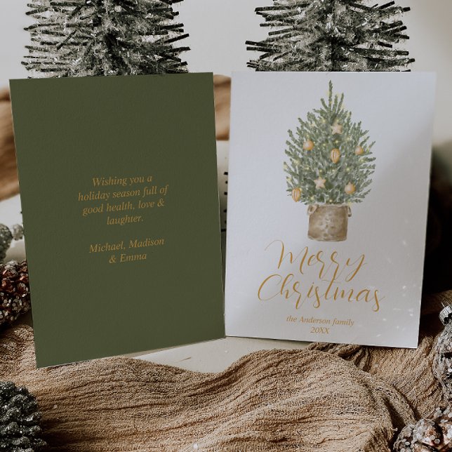 Cartão De Festividades Árvore Whimsical Dourada com Aquarela Feliz Natal (Criador carregado)