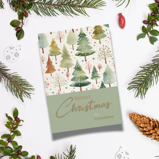 Cartão De Festividades Árvores Botânicas de Natal Verde Marrom Aquarela (Criador carregado)