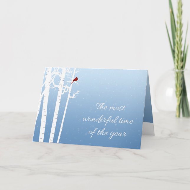 Cartão De Festividades Árvores Brancas, Cardeal Vermelho, Neve (Frente)